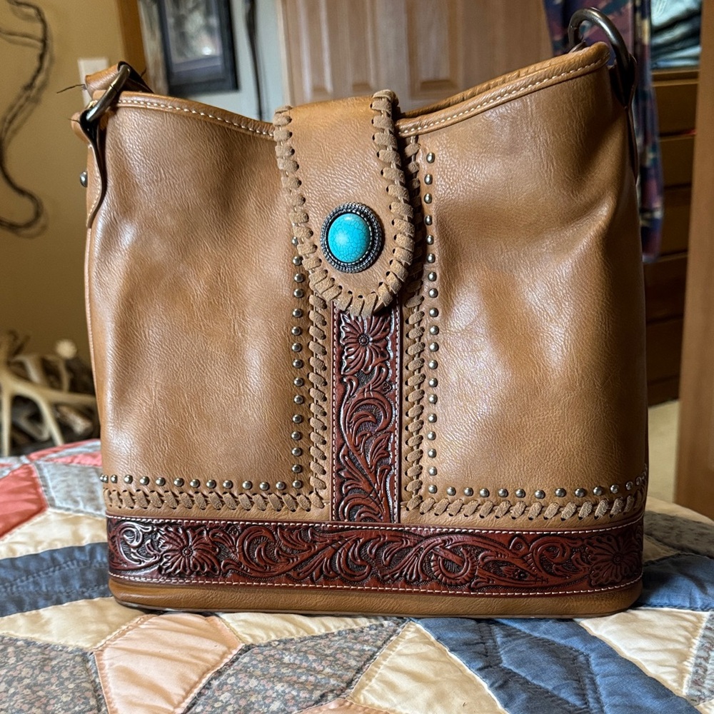 Montana West Tan and Brown Shoulder Bag with Turquoise Detail